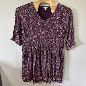 Garnet Hill Purple Floral Paisley Bohemian‎ Dress Pocket Detail Size 16 Sundress